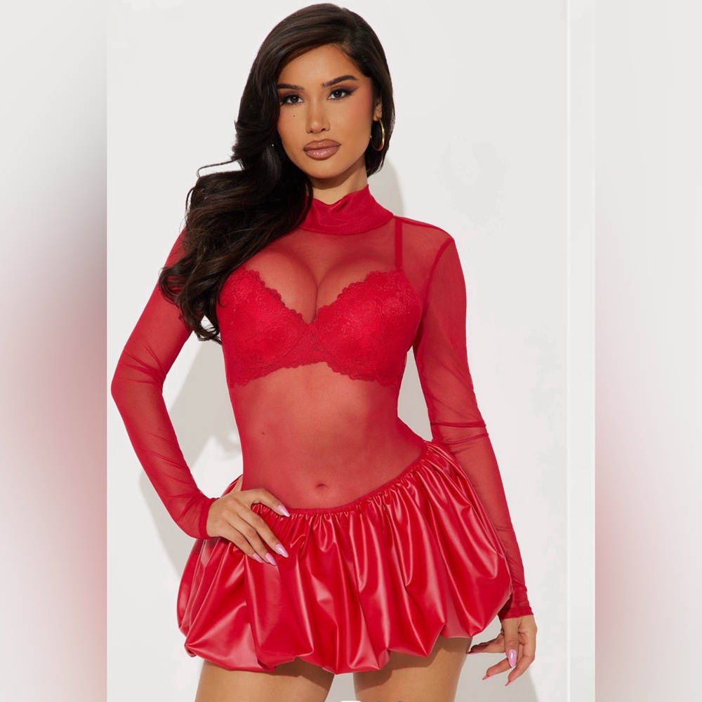 Fashion Nova Red Sheer Skater Dress
